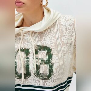 NWT BDG white  Varsity Graphic Spliced crochet Lace Hoodie Sweatshirt size M